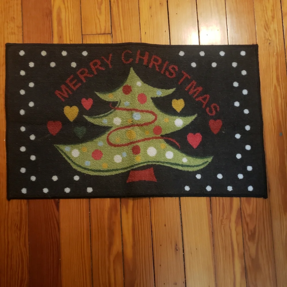Merry Christmas Tree Doormat Rug Black W Colorful Hearts Polka Dot Snow
